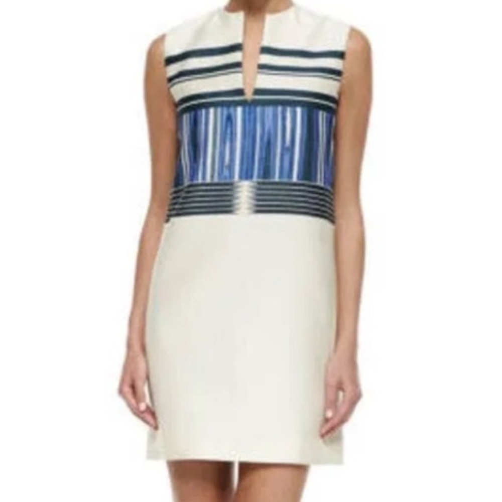 Tory Burch Sleeveless Mikado Silk Plaited White and Blue Striped Dress